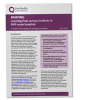 The cover of the briefing document on learning from serious incidents in NHS acute hospitals