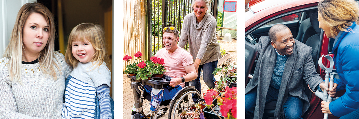banner with three images; a woman holding a young girl; a man in a wheelchair with a woman at a garden centre; a man with crutches exiting a car door
