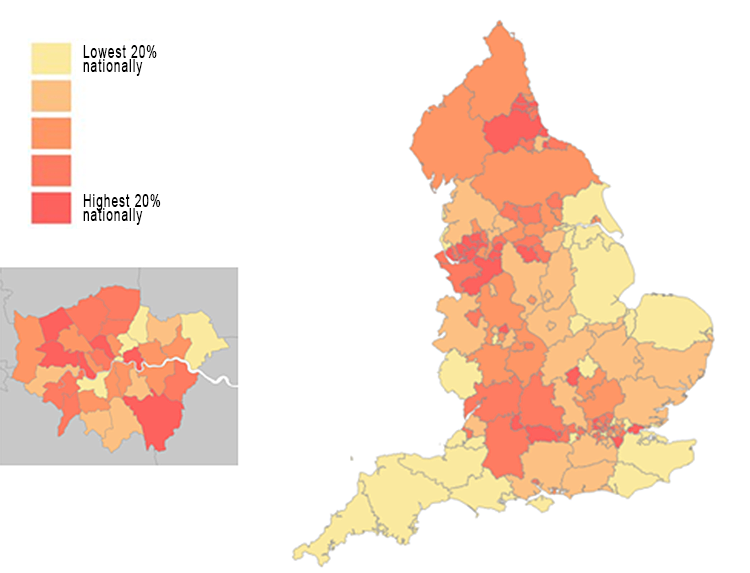 Map showing the variation across local authorities in England in the number of deaths in care homes notified to us, from 10 April to 3 June 2020