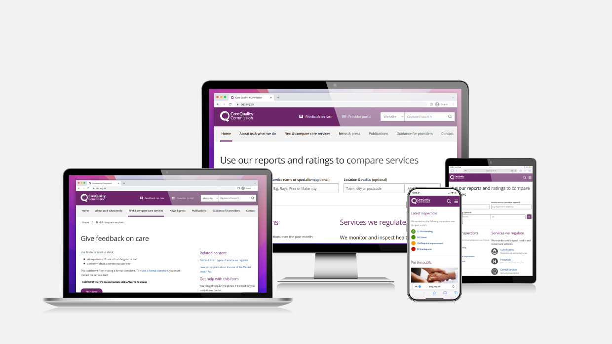 The latest version of the CQC website shown on different digital devices such as a phone, table and laptop.