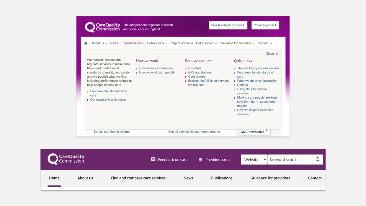 Comparative image showing the old and new versions of the menu on CQC website