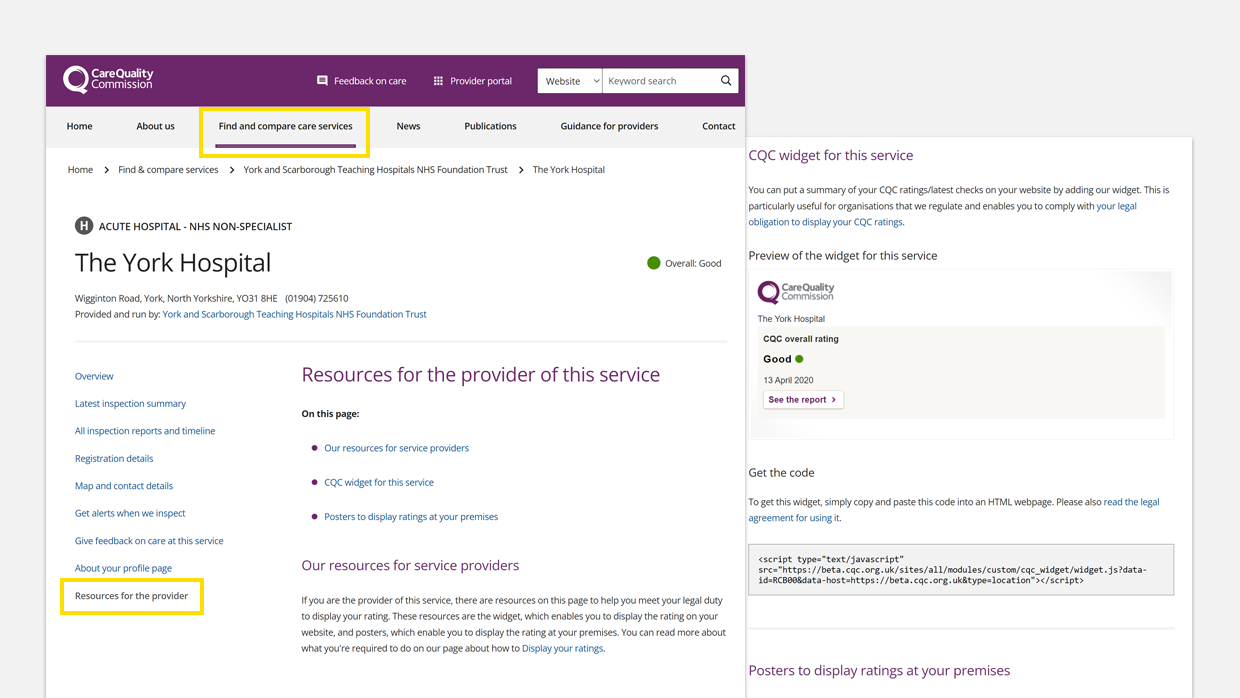Image showing the new provider resources section on CQC website