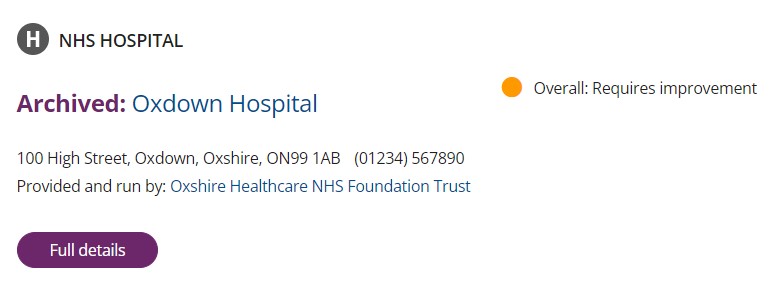 Image of an archived hospital profile in our search results