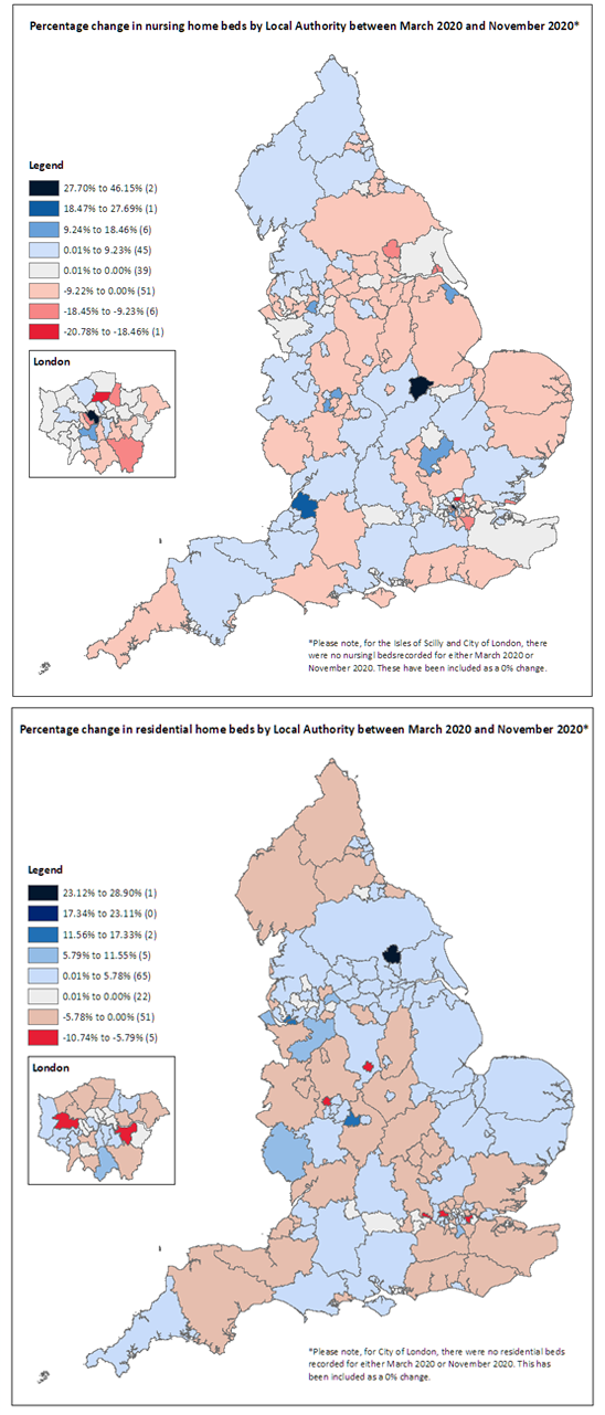 Map showing percentage change in nursing and residential home beds between March and November 2020
