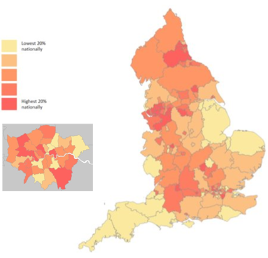 Map showing the highest rates of COVID deaths in care homes happening in London, the North West and the North East