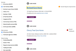 Image showing search results on the CQC website