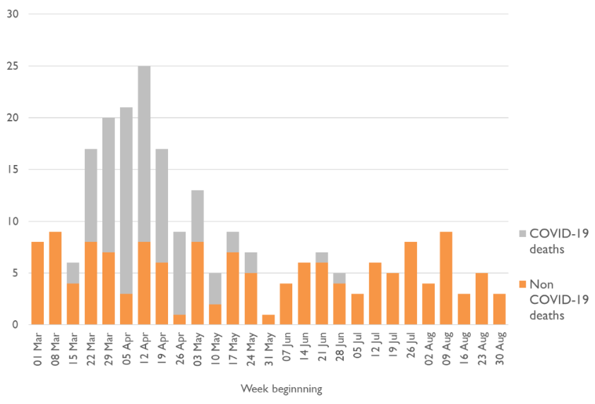 Graph of weekly MHA deaths in England showing sharp rise in March and April