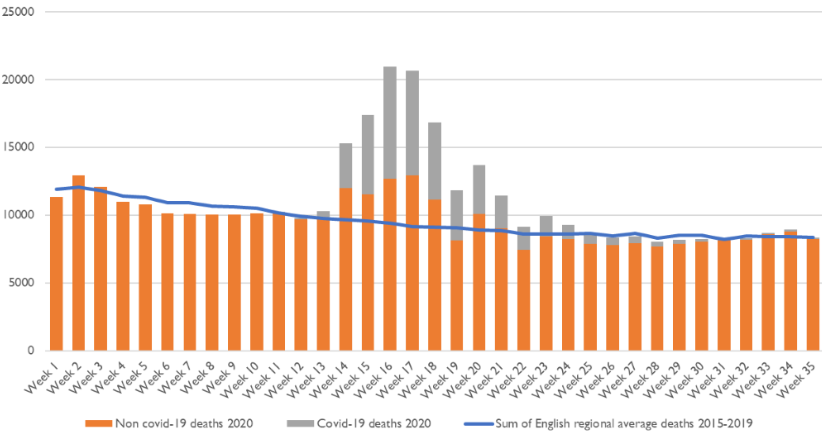 Graph showing the number of deaths rising in Spring and returning to normal again over Summer