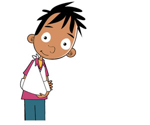 Cartoon image of a boy with his arm in a sling